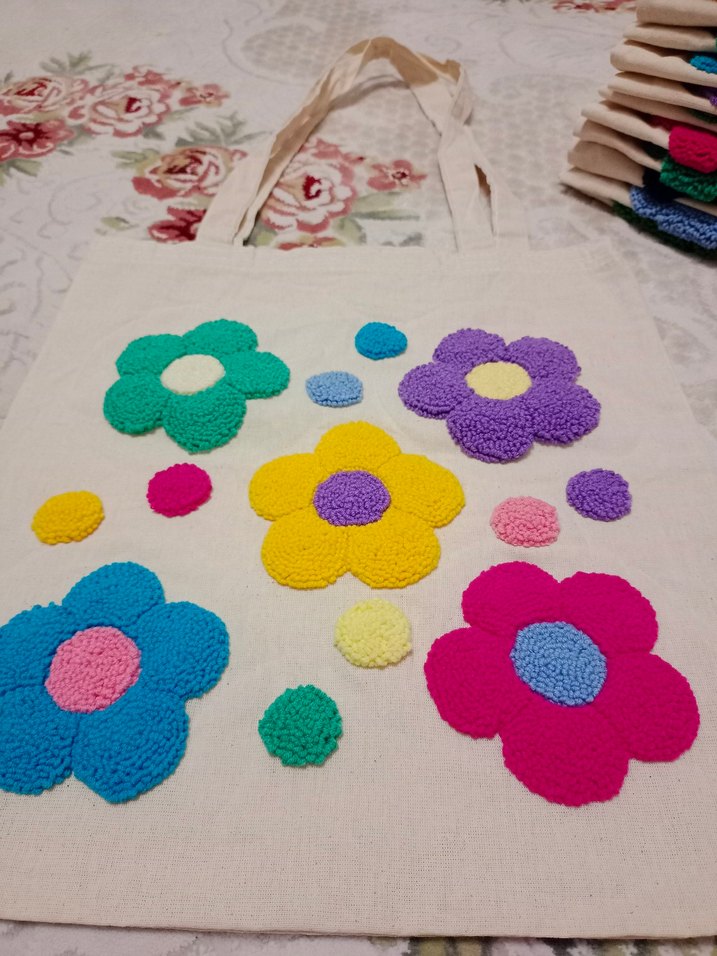 Punch işleme Renkli Çiçekli bez canta - Görsel 4