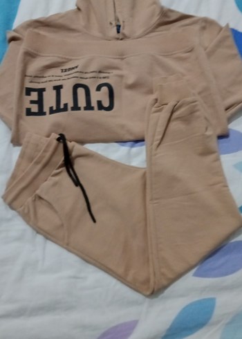 9 Yaş Beden Bej Baskılı Kız erkek Sweatshirt ve Eşofman Takımı