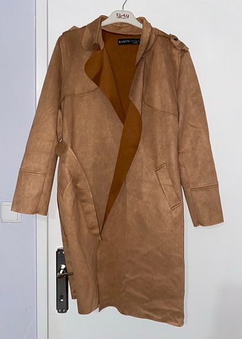 Kadın Bej Süet Uzun Kuşaklı Trençkot - Görsel 2