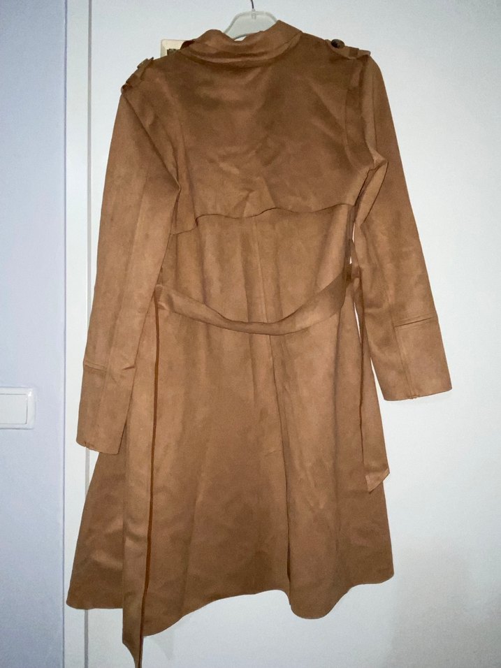 Kadın Bej Süet Uzun Kuşaklı Trençkot - Görsel 5