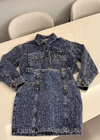 Düğmeli Mavi Kadın Denim ikili takım