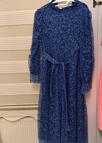 Mavi Parlak Uzun Kol Bohem Abiye Elbise - Görsel 4