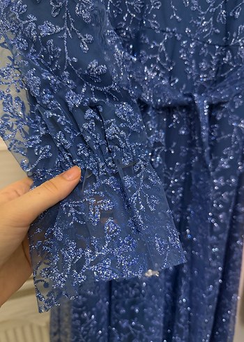 Mavi Parlak Uzun Kol Bohem Abiye Elbise - Görsel 5