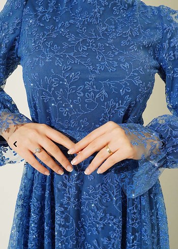 Mavi Parlak Uzun Kol Bohem Abiye Elbise - Görsel 2