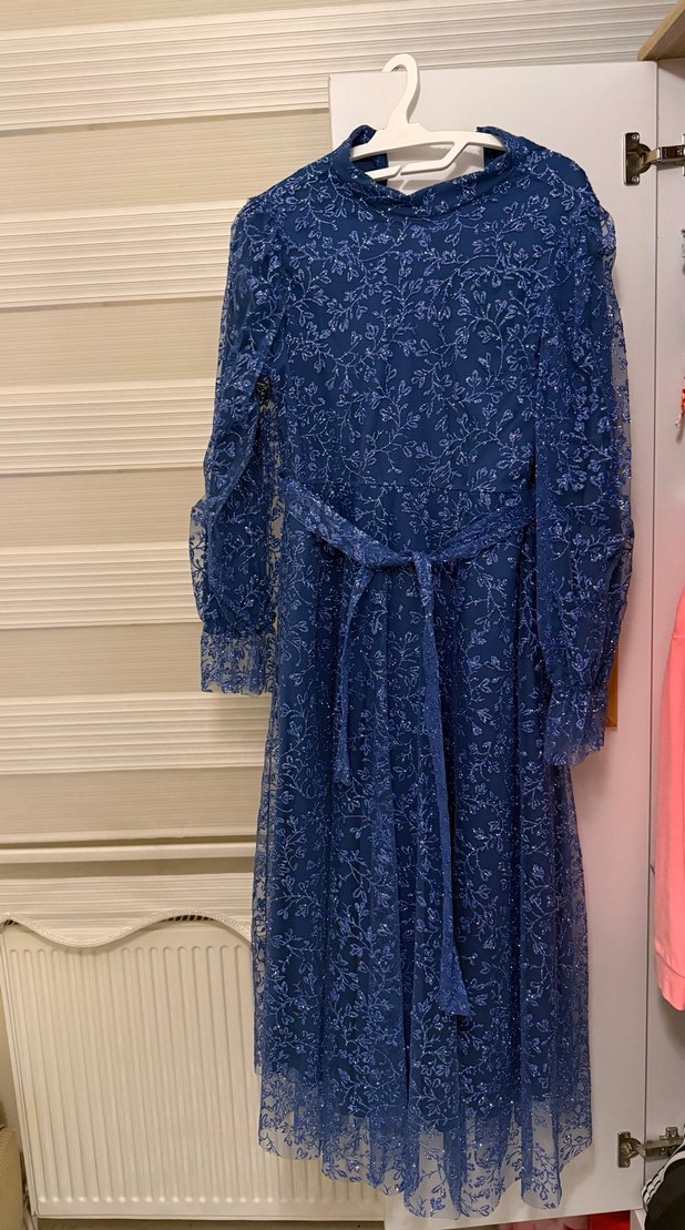 Mavi Parlak Uzun Kol Bohem Abiye Elbise - Görsel 4