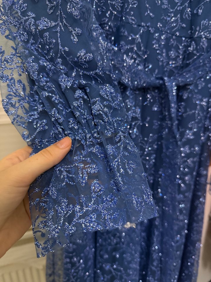 Mavi Parlak Uzun Kol Bohem Abiye Elbise - Görsel 5