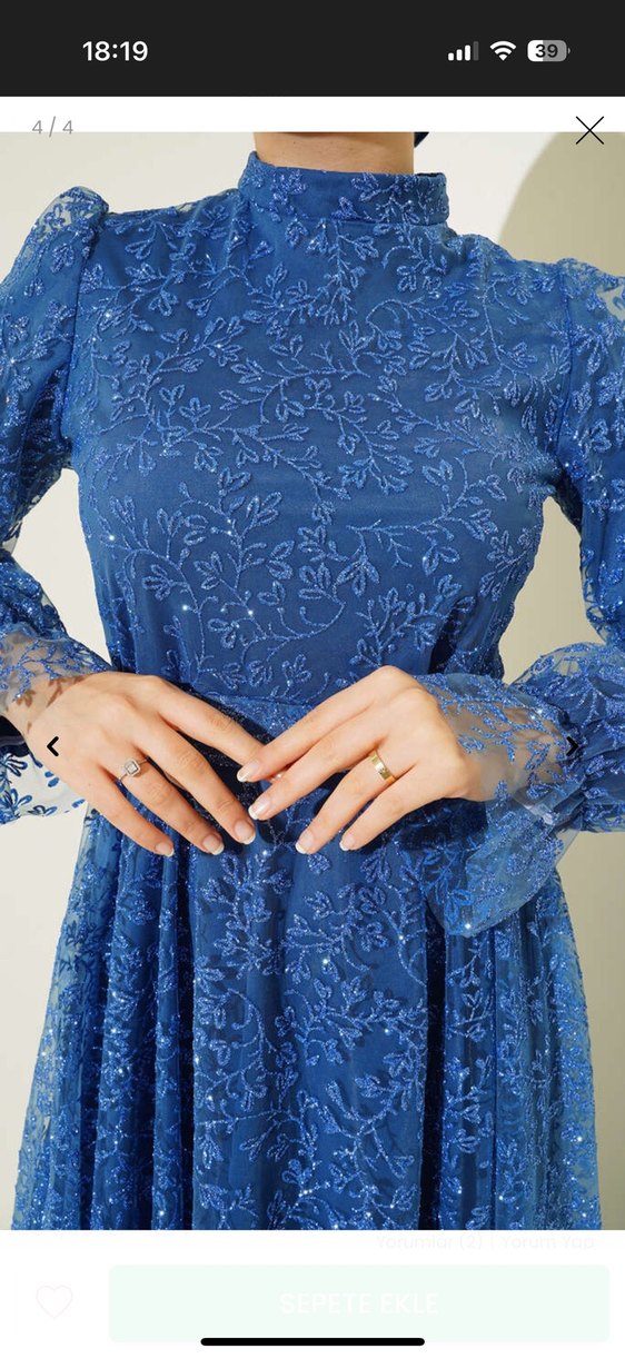 Mavi Parlak Uzun Kol Bohem Abiye Elbise - Görsel 2