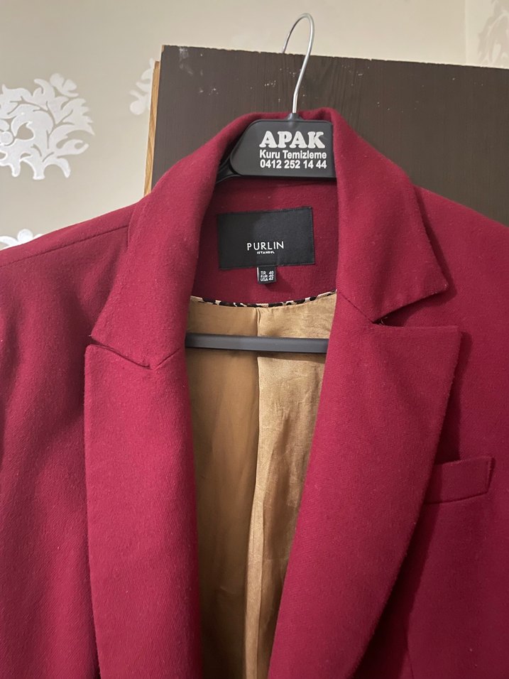 Bordo Düğmeli Midi Kadın Blazer Ceket - Görsel 2