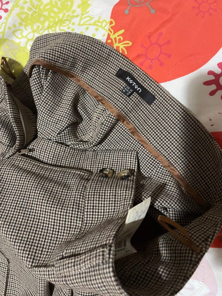 Düğmeli Kahverengi Kareli Kadın Kumaş Pantolon çeket takım - Görsel 2