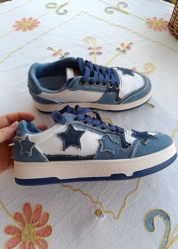 36 Sheinden Yildiz Bağcıklı Denim Kadın Spor Ayakkabı - Görsel 5