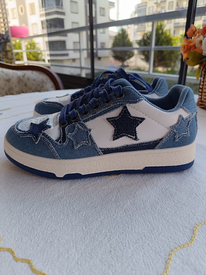 36 Sheinden Yildiz Bağcıklı Denim Kadın Spor Ayakkabı - Görsel 3