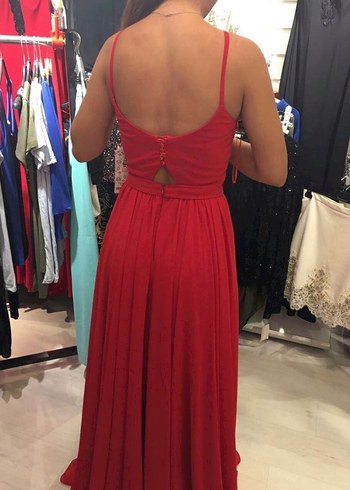 Kırmızı Uzun Askılı Drape Abiye Elbise - Görsel 2