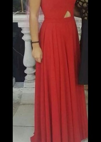 Kırmızı Uzun Askılı Drape Abiye Elbise - Görsel 3