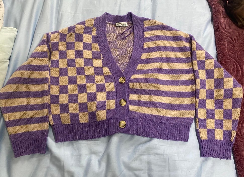 Mor Kareli Örgü Midi Kadın Hırka - Görsel 2