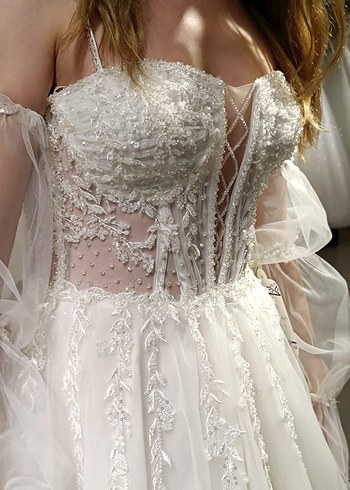 Beyaz Straplez Bohem Vintage Gelinlik - Görsel 2