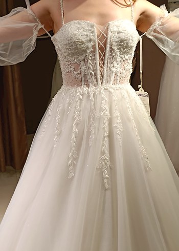 Beyaz Straplez Bohem Vintage Gelinlik - Görsel 3