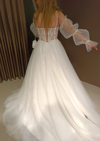 Beyaz Straplez Bohem Vintage Gelinlik - Görsel 4