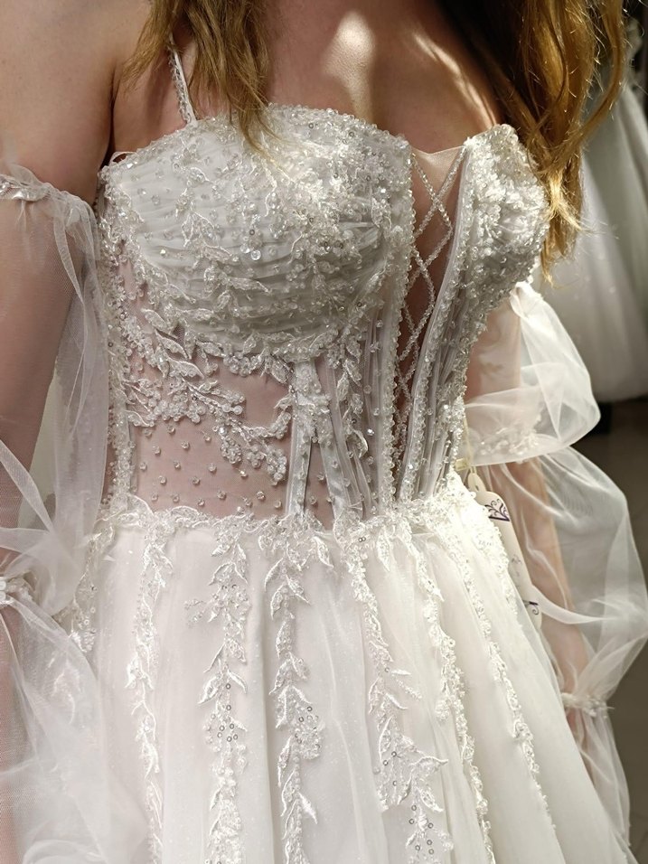 Beyaz Straplez Bohem Vintage Gelinlik - Görsel 2