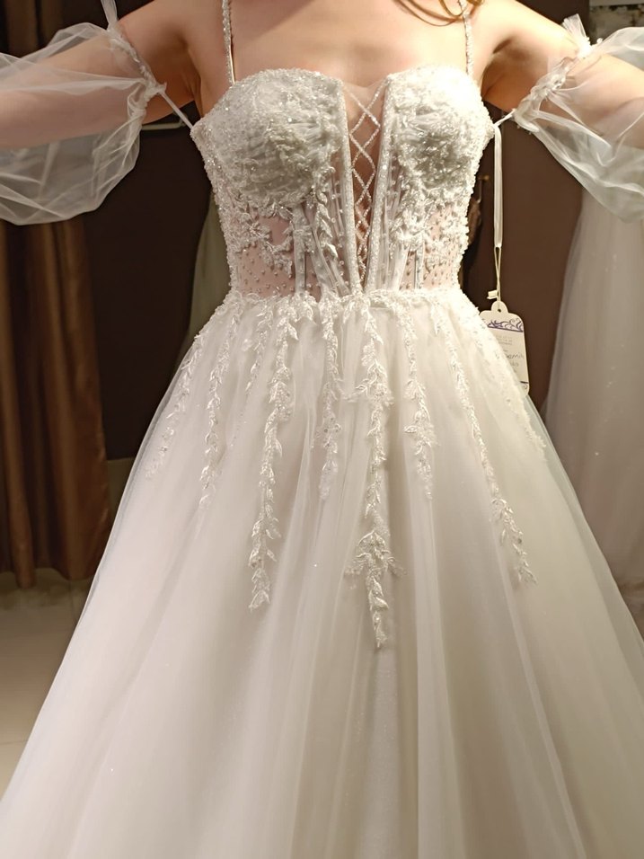 Beyaz Straplez Bohem Vintage Gelinlik - Görsel 3