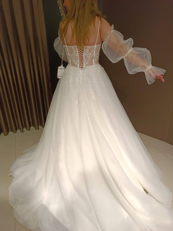 Beyaz Straplez Bohem Vintage Gelinlik - Görsel 4