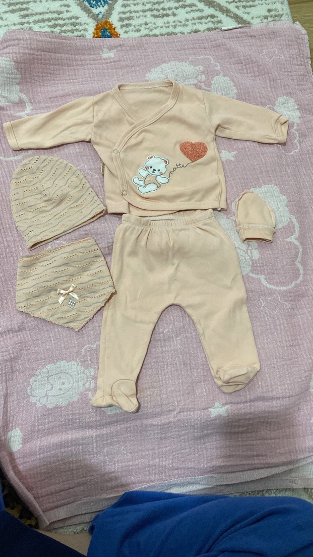 0-3 Ay Yenidoğan 5'li Bej Nakışlı Set - Görsel 2