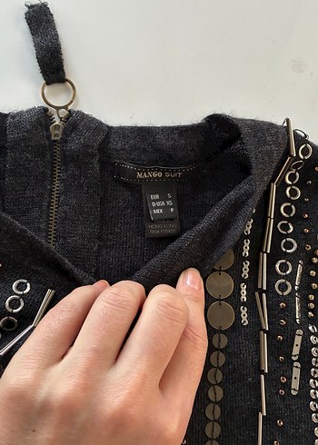 Boncuk İşlemeli Gri Midi Triko Elbise - Görsel 6