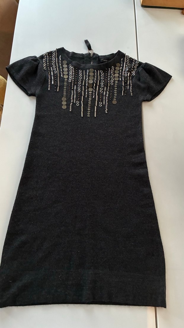 Boncuk İşlemeli Gri Midi Triko Elbise - Görsel 4