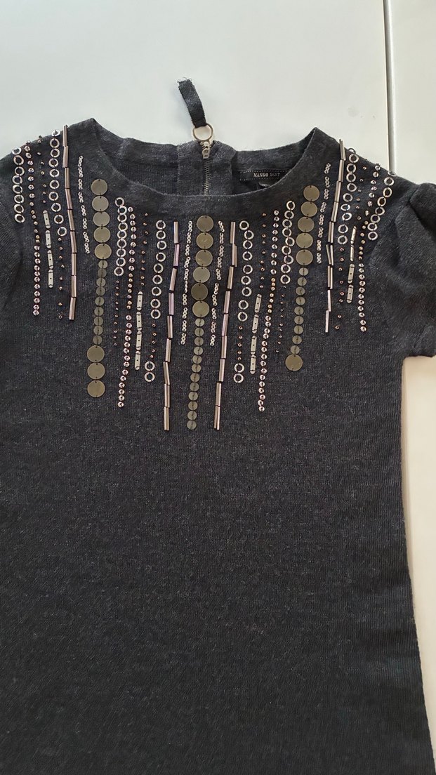 Boncuk İşlemeli Gri Midi Triko Elbise - Görsel 2