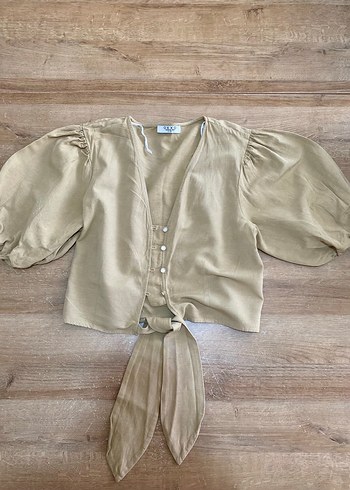 Oxxo Bej Keten Bağlamalı Bluz - Görsel 4