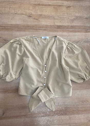 Oxxo Bej Keten Bağlamalı Bluz - Görsel 2