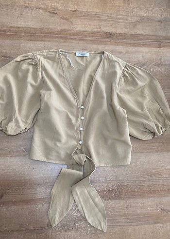 Oxxo Bej Keten Bağlamalı Bluz - Görsel 3