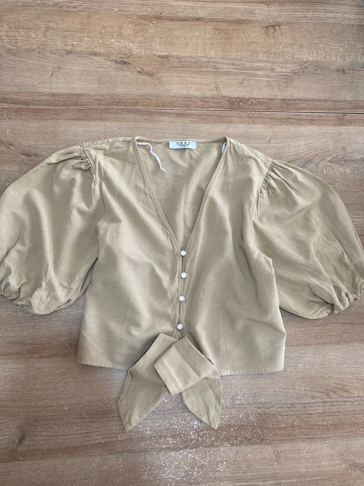 Oxxo Bej Keten Bağlamalı Bluz - Görsel 2