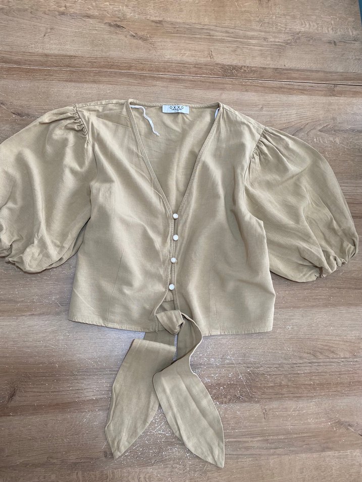 Oxxo Bej Keten Bağlamalı Bluz - Görsel 3