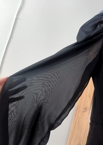 Uzun Kollu V yaka Siyah şifon kumaş Fırfırlı Mini Elbise - Görsel 5