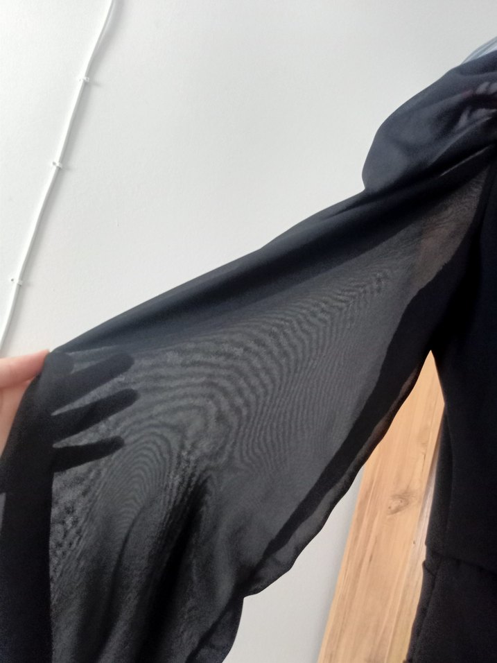 Uzun Kollu V yaka Siyah şifon kumaş Fırfırlı Mini Elbise - Görsel 5