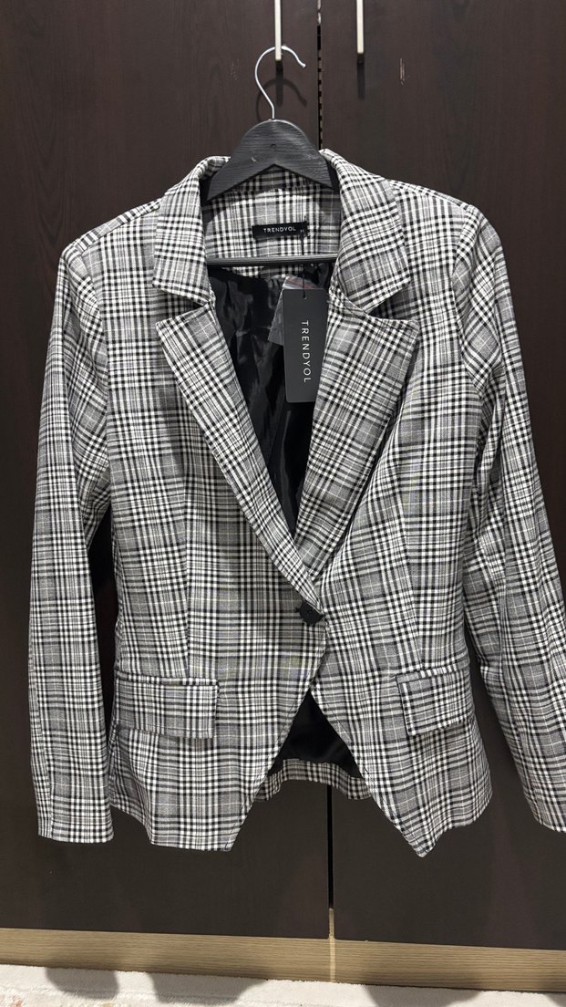 Gri Ekose Düğmeli Kadın Blazer Ceket - Görsel 2