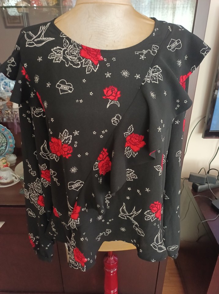 Uzun Kollu Siyah Desenli Bohem Bluz - Görsel 2