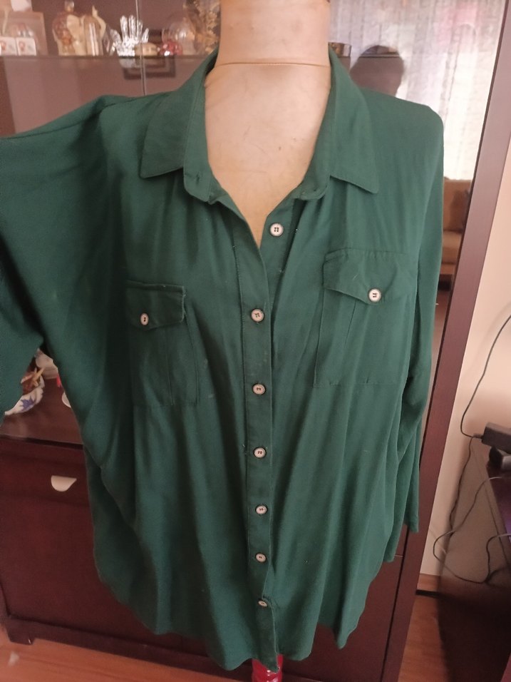 Düğmeli, Yeşil, Uzun Kollu Kadın Gömlek - Görsel 2