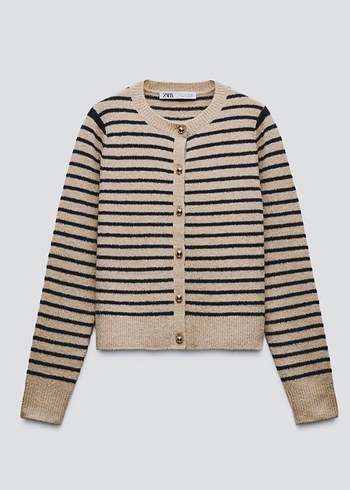 Bej Çizgili Düğmeli Kadın Hırka - Görsel 2