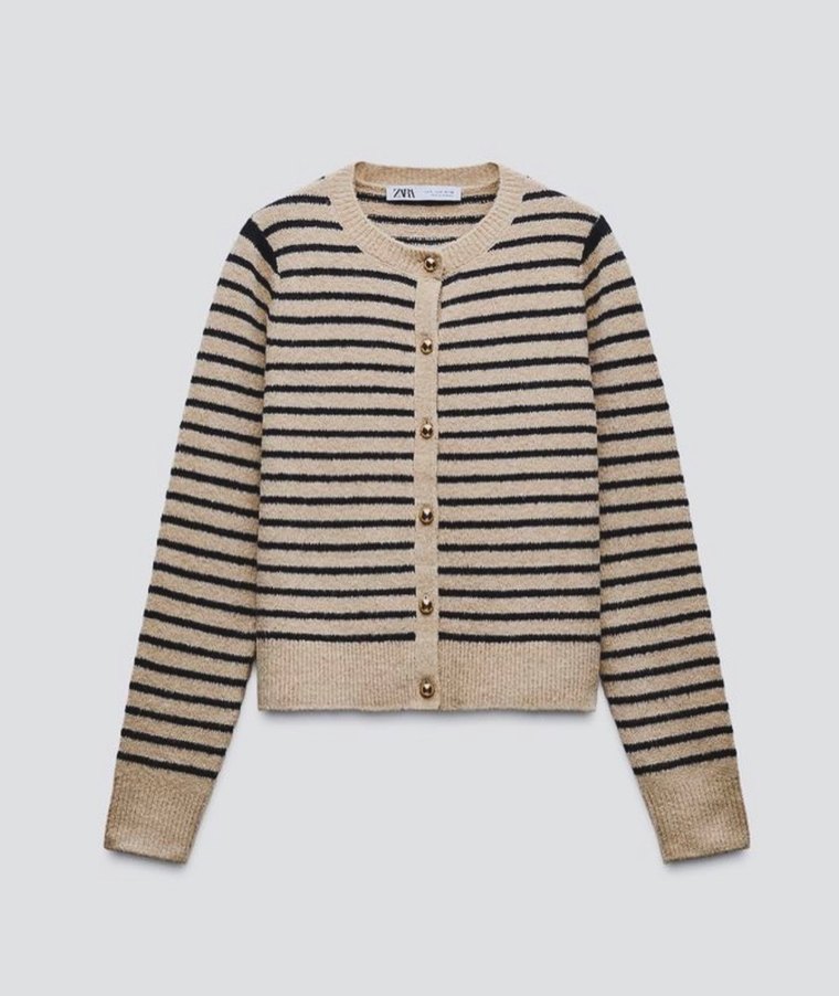 Bej Çizgili Düğmeli Kadın Hırka - Görsel 2