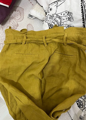Kadın Keten Kemerli hardal  Pantolon - Görsel 3