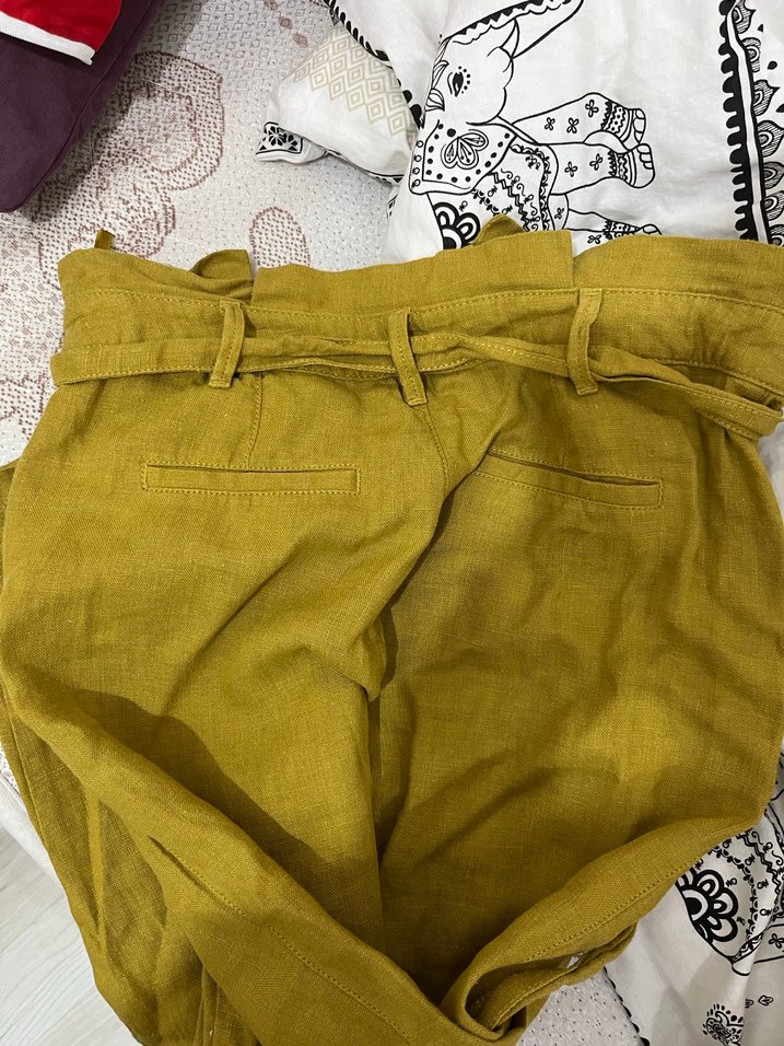 Kadın Keten Kemerli hardal  Pantolon - Görsel 3