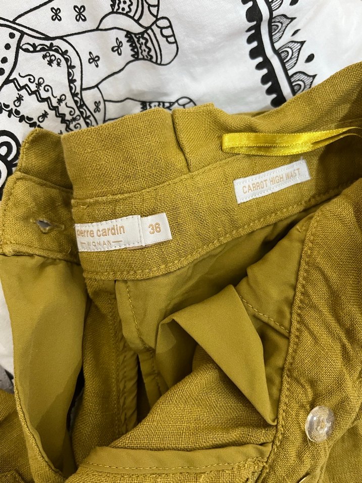 Kadın Keten Kemerli hardal  Pantolon - Görsel 2