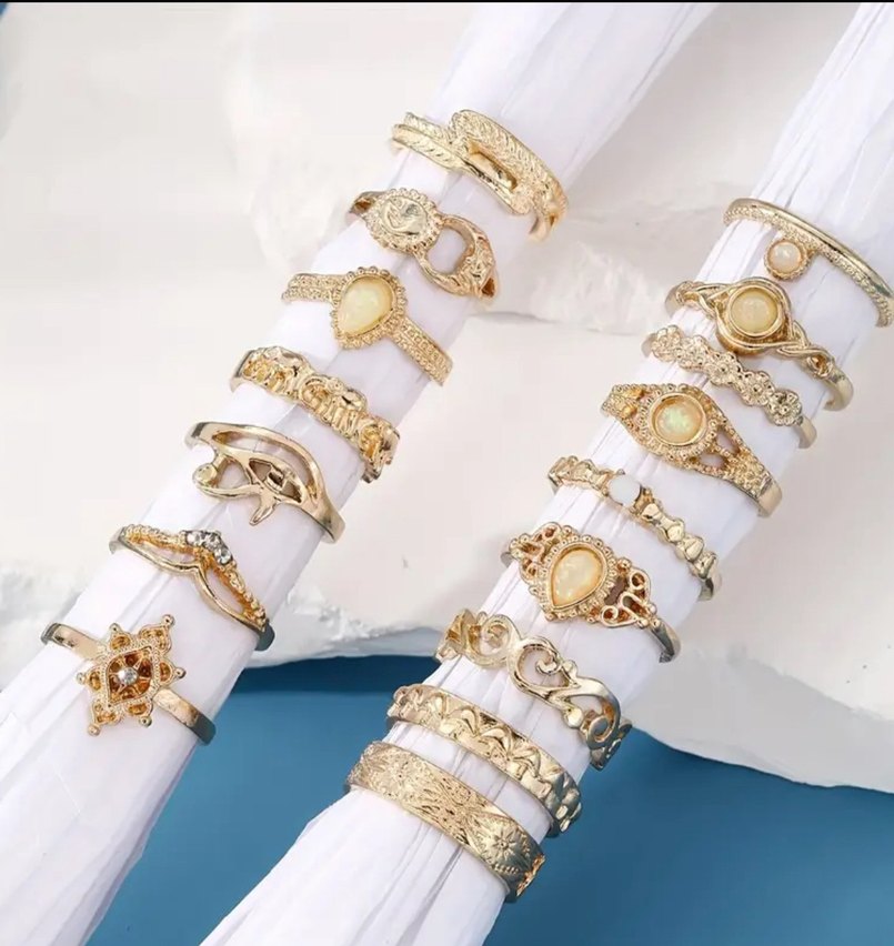 Bohem Tarzı Işıltılı Altın Renkli Kadın Yüzük Seti 16 Adet - Görsel 2