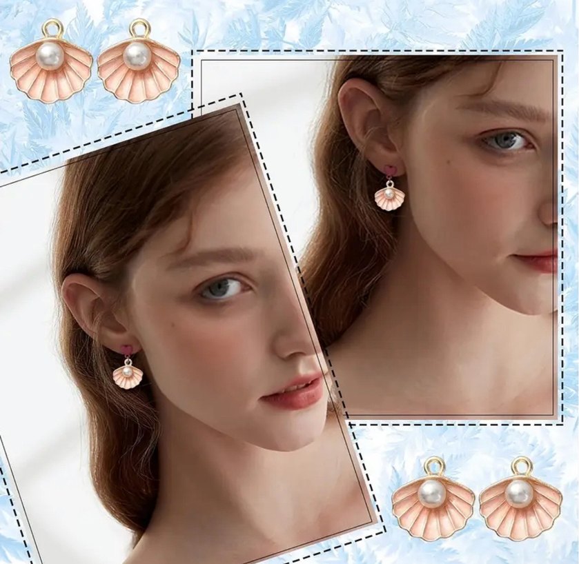 İnci Detaylı Pembe Deniz Kabuğu Charm Kolye Küpe Ucu - Görsel 4