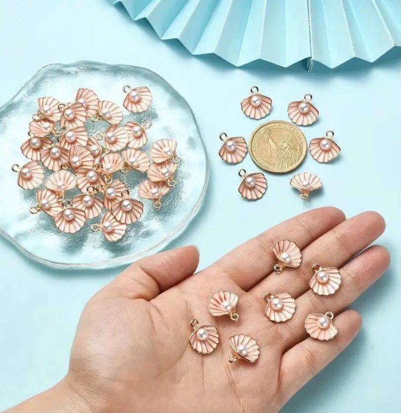 İnci Detaylı Pembe Deniz Kabuğu Charm Kolye Küpe Ucu - Görsel 2