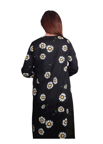 Siyah Çiçek Desenli Midi Kemerli Elbise - Görsel 12