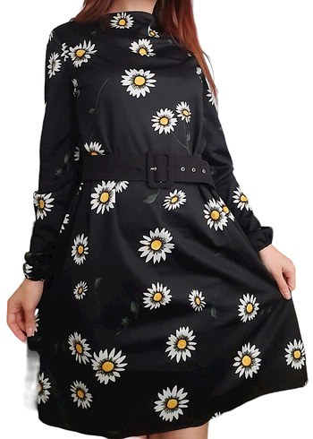 Siyah Çiçek Desenli Midi Kemerli Elbise - Görsel 6