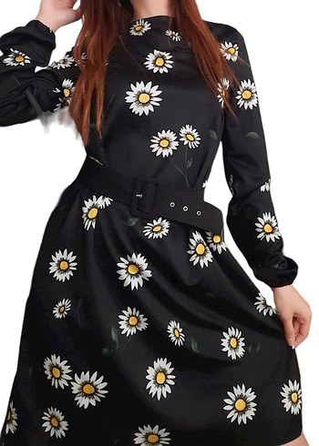 Siyah Çiçek Desenli Midi Kemerli Elbise - Görsel 3