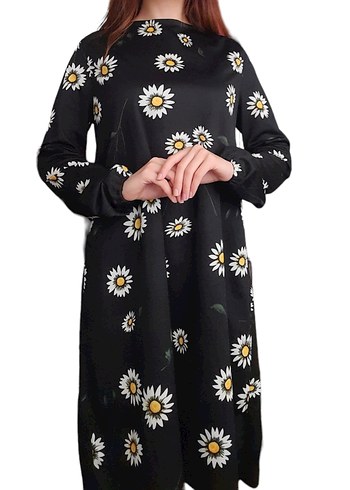 Siyah Çiçek Desenli Midi Kemerli Elbise - Görsel 10